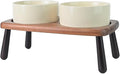 SPUNKYJUNKY Ceramic Elevated Dog Bowls Raised with Acacia Bamboo Wooden Stand, 6.1'' Dog and Cat Food Water Bowls Set Non-Slip for Small Medium Sized Breed Microwave Dishwasher Safe - 28.7 OZ,Beige