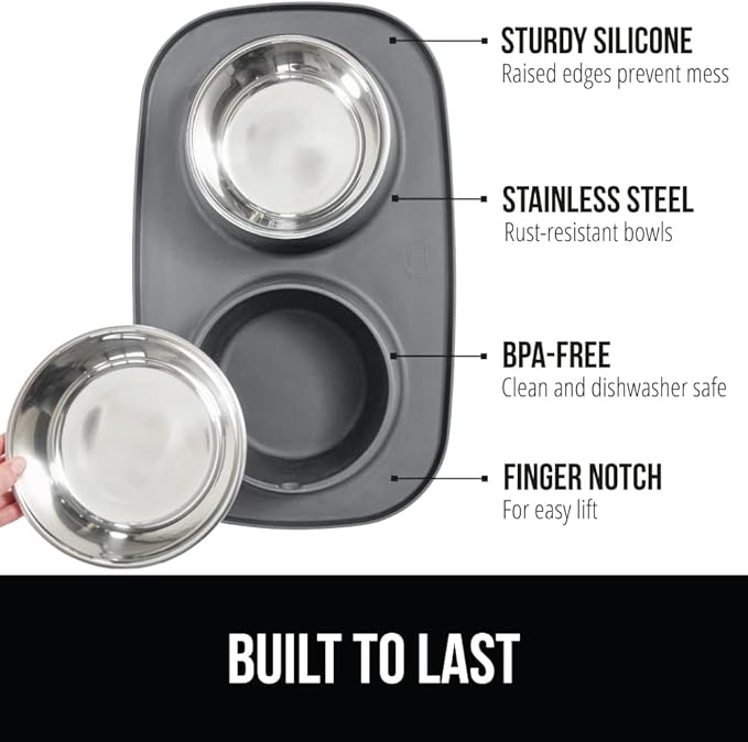 GORILLA GRIP Feeding Mat Set, Patent Pending 100% Waterproof BPA Free Silicone, Stainless Steel Cat and Dog Bowls, Slip Resistant, High Edges Catch Water Food, US Designed Pet Accessories, 2 Cup Gray