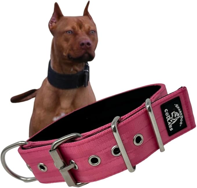 SparkDog Collars Working Dog Collar - 2" 4ply Padded Dog Collar Heavy Duty Stainless Steel Tactical Seatbelt Wide Buckle Collar (Pink 2.0, 16-21" Large)