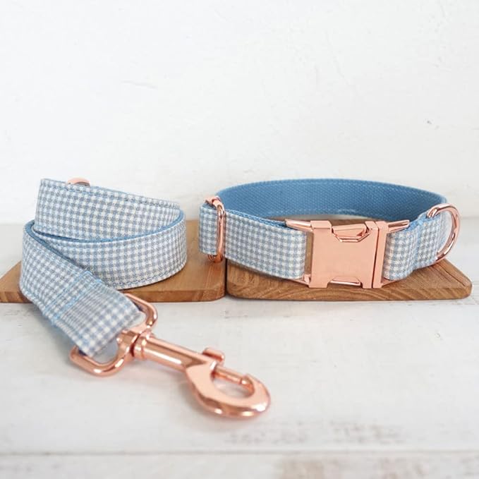 PETDURO Personalized Gingham Plaid Dog Collar Baby Blue - Engraved Name and Phone Number on Rose Gold Metal Buckle - Custom for Small Medium Large Boy Girl Dogs - Add Leash Bow Tie via Customize Now