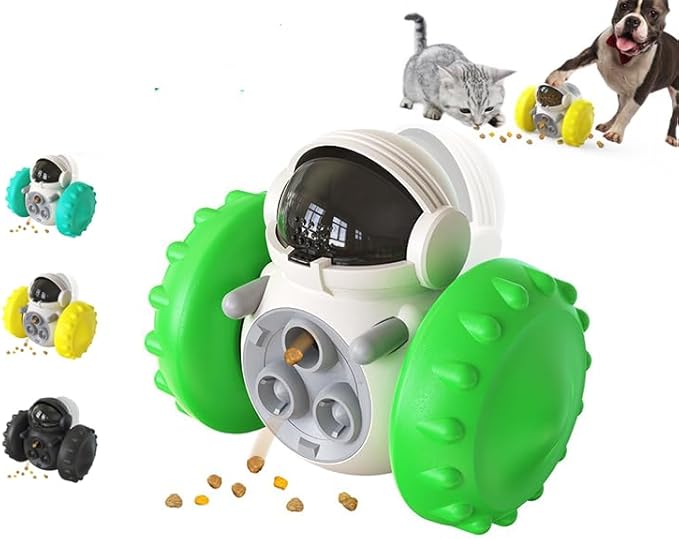 Interactive Pet Food Dispenser Toy for Dogs and Cats, Treat Dispensing Rolling Ball with Textured Wheels, Available in Yellow, Green, Black (Green)