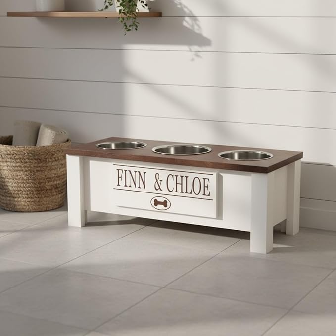 GTW Personalized Elevated Triple Dog Bowl Stand for Large, Medium, Small, X-Small Dogs - 3 Stainless Steel Food and Water Bowls - Raised Dog Dish - Internal Storage (Medium, Brown)