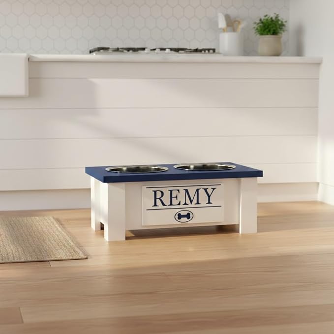 GTW Personalized Elevated Dog Bowl Stand for Large, Medium, Small, X-Small Dogs - Stainless Steel Food and Water Bowls - Raised Dog Dish with Internal Storage (Small, Blue)