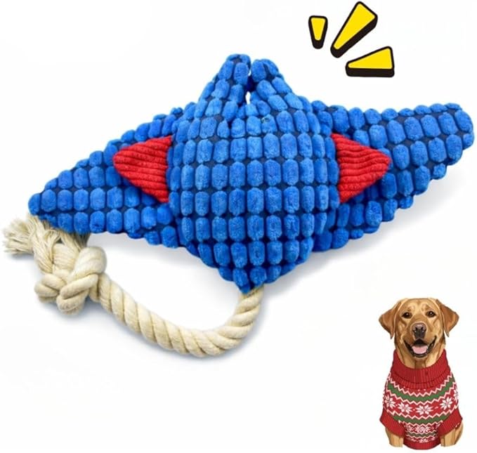 Durable Blue Fish Plush Dog Chew Toys with Squeaker – Tough Stuffed Ocean Animal with Natural and Safe Cotton Fill for Teething Puppies, Small, and Medium Breeds