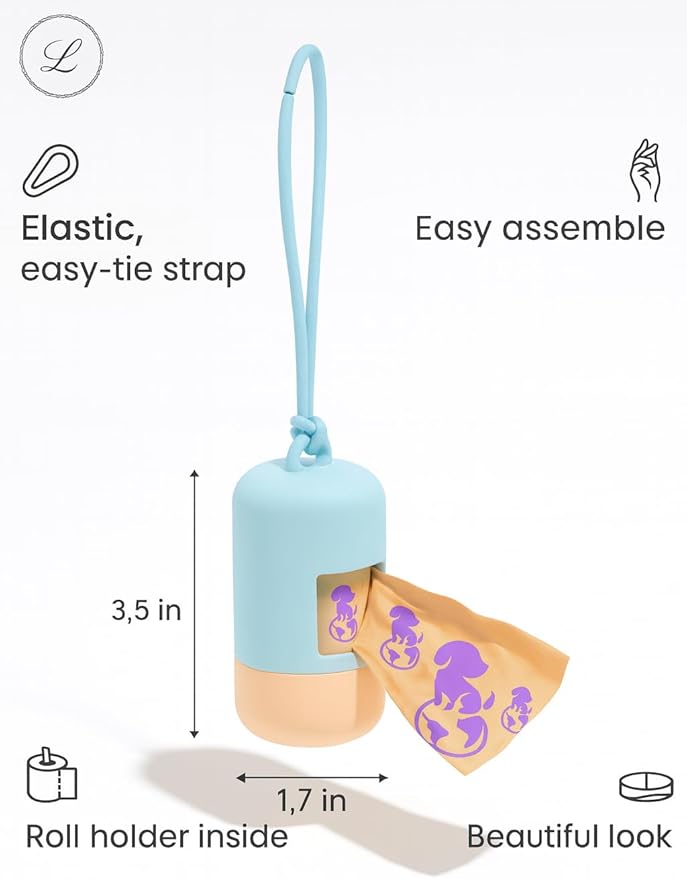 Dog Poop Bag Holder (2-Pack) | With 30 Extra-thick Dog Bags for Poop | Waste Bag Dispenser with Premium Soft-Touch Coating | Enlarged Dispense Opening, Stylish Color-Block Design (Blush Sky)