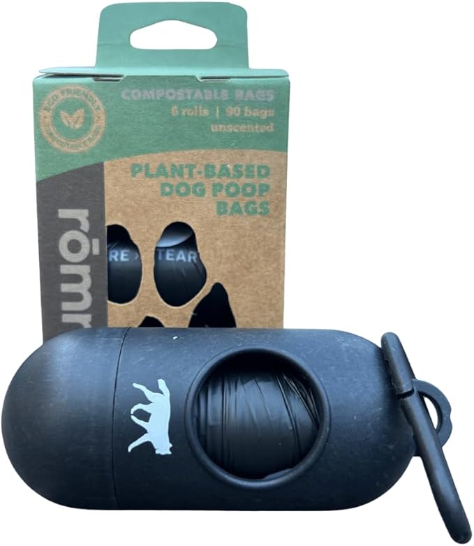 Compostable Dog Poop Bags with Balck Dispenser, Plant-Based, TUV Certified, Unscented, Leak-Proof, 7 Rolls, 105 Bags, Black
