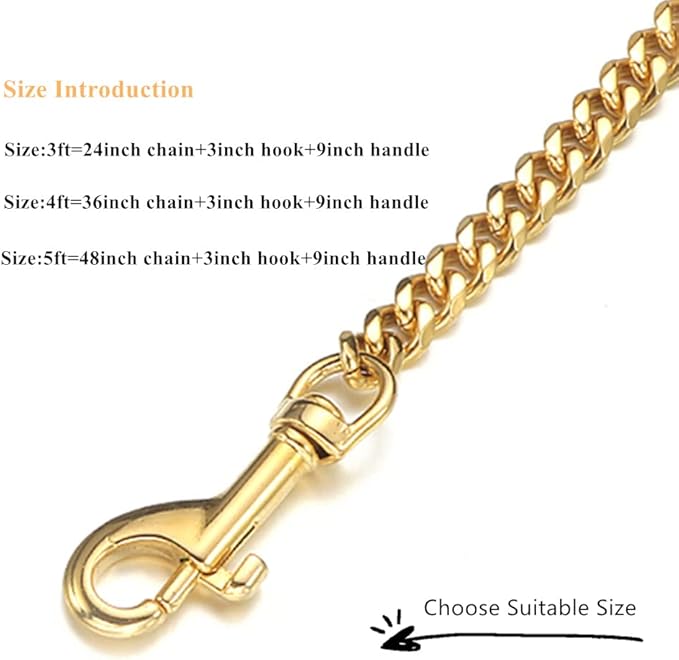 18K Gold Dog Chain Leash 15MM Solid Chew Proof 316L Stainless Steel Cuban Link Chain with Smooth Leather Handle Beautiful Leash for Walking Training 3FT/4FT/5FT(15mm,3ft)…