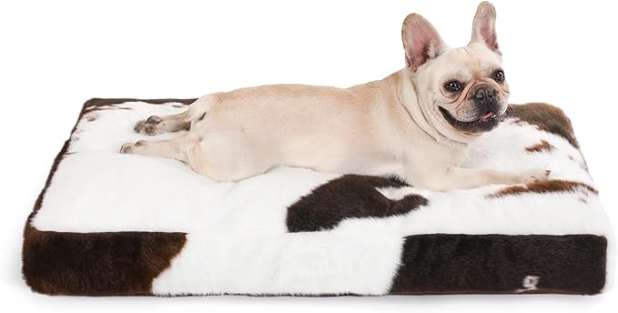 Bedfolks Waterproof Crate Bed, Plush Dog Kennel Pad with Removable Washable Cover, Faux Fur, Fluffy 35"x23", Cow Print