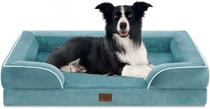 Comfort Expression Orthopedic Dog Bed for Large Dogs 36x27 Inch, Waterproof Supportive Egg Crate Foam Large Pet Bed with Removable Bolster, Dog Couch with Washable Cover & Non-Slip Bottom, Washed Blue