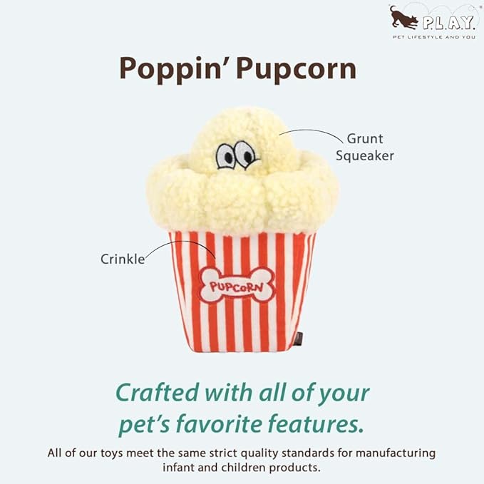 P.L.A.Y. Cute Plush Dog Toys - Hollywoof Cinema, Movie Themed Durable Squeaker Chew Toy, Great for Puppies & Small, Medium, Large Dog Breeds - Machine Washable, Recycled Materials (Poppin' Pupcorn)