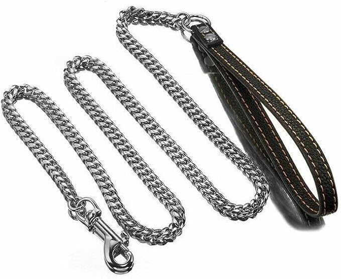 3FT/4FT/5FT Heavy Duty Silver Dog Chain Leash 14MM Stainless Steel Miami Cuban Link Chain with Durable Genuine Leather Handle for Training Walking(14mm,3ft)…