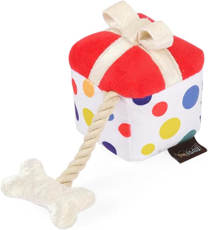 P.L.A.Y. Cute Plush Dog Toy - Birthday Party Celebration Themed Durable Squeaker Chew Toy, Great for Puppies & Small, Medium, Large Dog - Machine Washable, Recycled Material (Pawfect Present, X-Small)