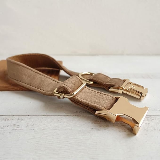 PETDURO Custom Dog Collar Personalized with Name Engraved Gold Metal Buckle for Large Medium Small Dogs - Dog Leash and Bow Tie Available - Soft Thick Velvet (Camel RG, XS)