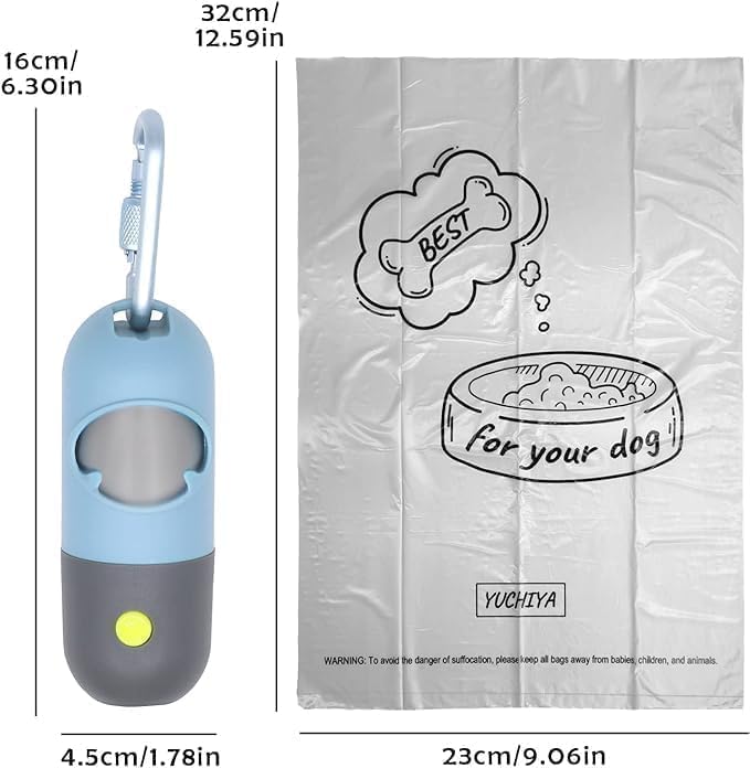 Dog Waste Bags Holder with LED Flashlight Doggie Poop Bags Dispenser with 13 Rolls Leak-Proof Pet Trash Bags Rechargable USB Cable(Sky Blue)