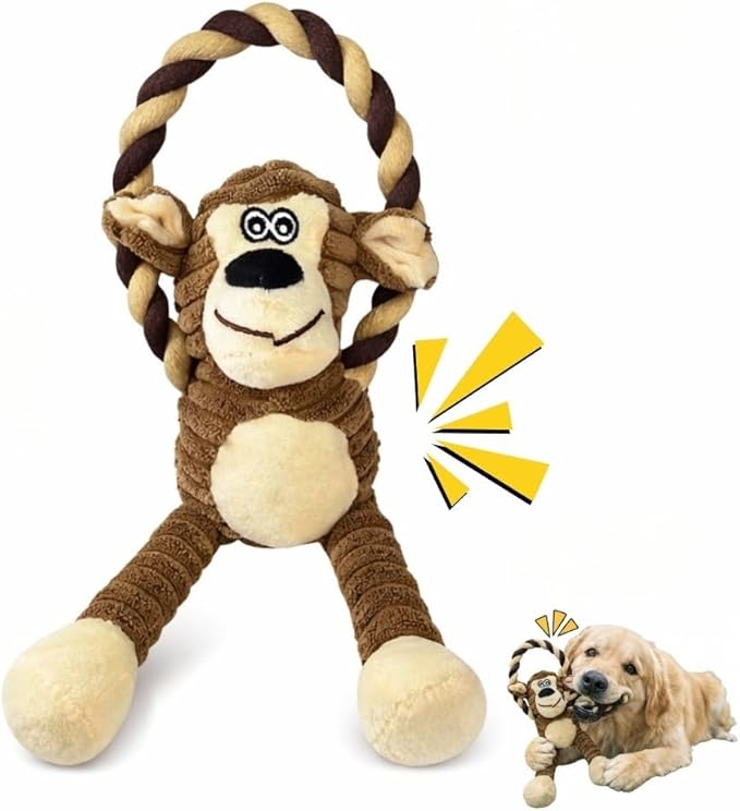 Durable Monkey Dog Toy, Plush Squeaky Stuffed Dog Toy with Rope, Interactive Chew Toy for Teething Puppies and Small, Medium & Large Dogs