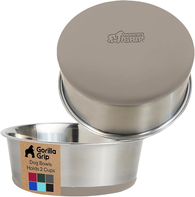 GORILLA GRIP Dog Bowls, Holds 2 Cups Each (16 fl oz), Heavy Duty Stainless Steel Food and Water Bowl for Feeding Dogs and Cats, Dishwasher Safe, Rust Resistant, BPA Free Rubber Base, Set of 2 Beige
