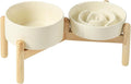 Ceramic 0.9 Cup Raised Slow Feeder Dog Bowl Set, Elevated 6.1inch Water Bowl and 6.1inch Slow Dish with Wooden Stand for Small Dogs (2 x Beige+ Stand)