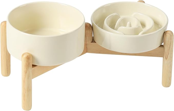Ceramic 0.9 Cup Raised Slow Feeder Dog Bowl Set, Elevated 6.1inch Water Bowl and 6.1inch Slow Dish with Wooden Stand for Small Dogs (2 x Beige+ Stand)