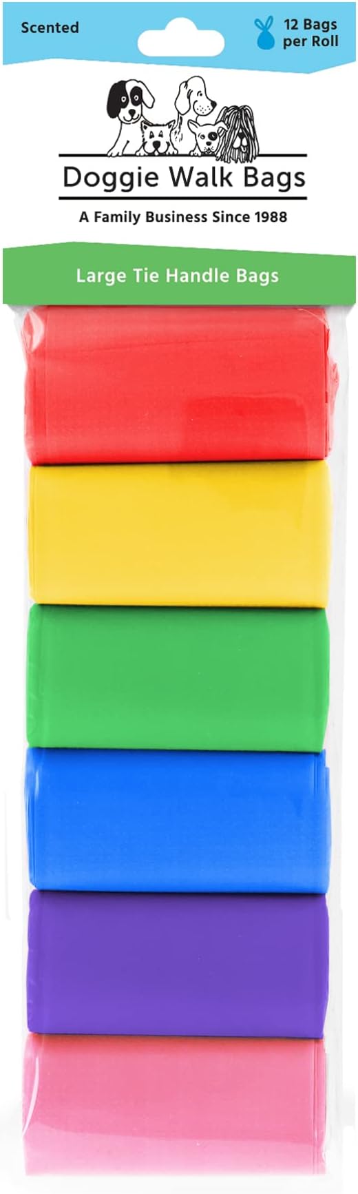 Large Dog Waste Bags on a Roll with Easy Tie Handles, Extra Thick and Strong Poop Bags, 72 Count, Scented, 5.5 x 5.5 x 17 Inches