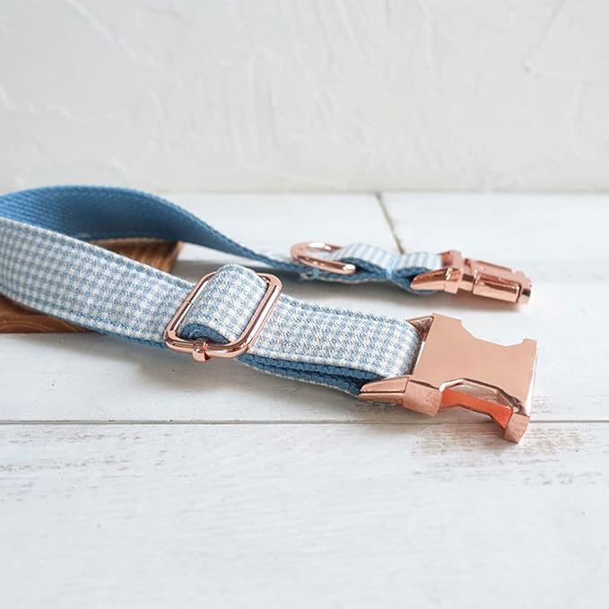 PETDURO Personalized Gingham Plaid Dog Collar Baby Blue - Engraved Name and Phone Number on Rose Gold Metal Buckle - Custom for Small Medium Large Boy Girl Dogs - Add Leash Bow Tie via Customize Now