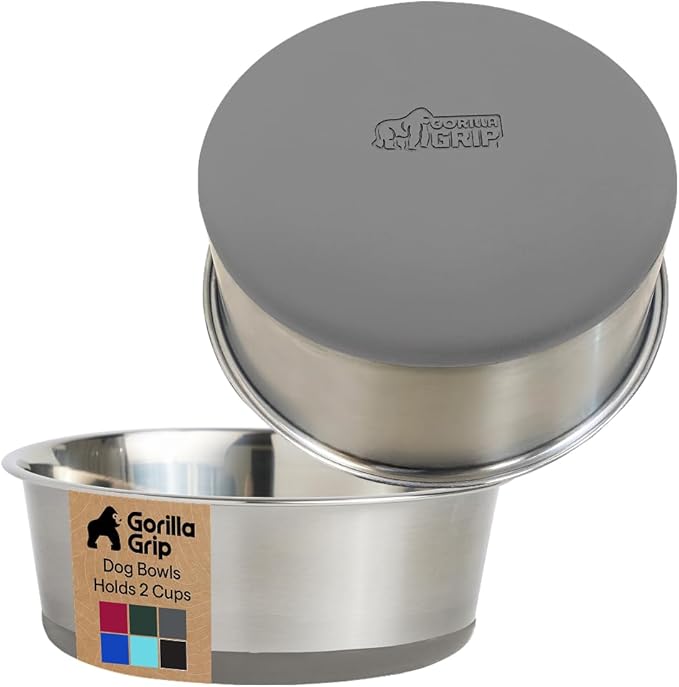 GORILLA GRIP Dog Bowls, Heavy Duty 304 Stainless Steel, Holds 2 Cups Each (16 fl oz) Food and Water Bowl for Feeding Dogs and Cats, Dishwasher Safe, Rust Resistant, BPA Free Rubber Base Set of 2 Gray