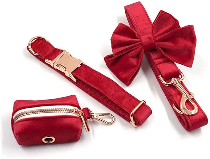 PETDURO Custom Dog Collar Personalized with Name Engraved Rose Gold Metal Buckle for Large Medium Small Girl Dogs - Dog Leash and Bow Tie Available - Soft Comfy Velvet (Christmas Red RG, L)