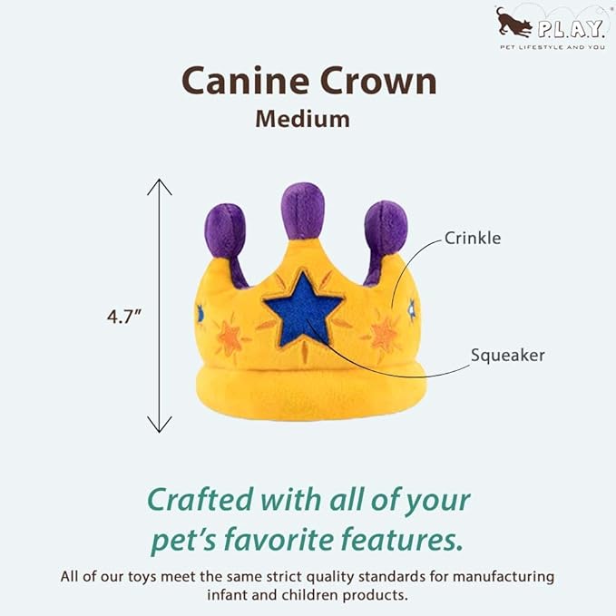 P.L.A.Y. Cute Plush Dog Toys - Birthday Party Celebration Themed Durable Squeaker Chew Toy, Great for Puppies & Small, Medium, Large Dogs - Machine Washable, Recycled Materials (Canine Crown, Medium)