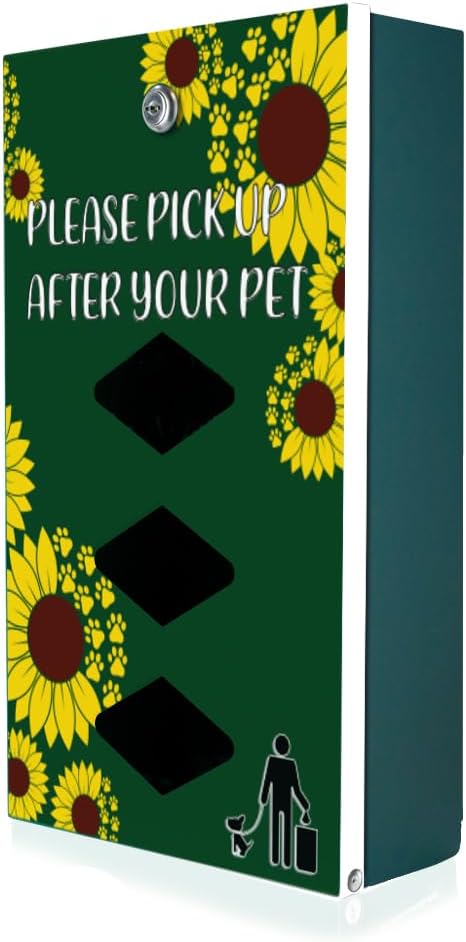 DISPENSE-ART™ collection "Sunflower" - Custom UV printed design on rust-proof aluminum 7' dog waste station with 400 dog waste roll bags