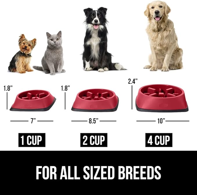 GORILLA GRIP Patented BPA Free Slow Feeder Dog Bowls, Interactive Puzzle Toy for Dogs and Cats Food Training Enrichment, Keeps Pets Busy and Prevents Puppy Overeating, All Breeds, 2 Cup, Red