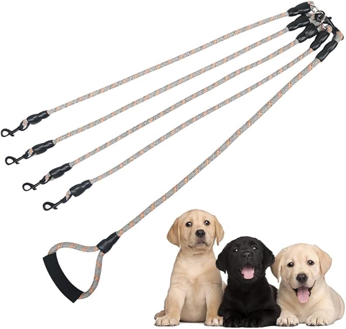 Dual Dog Leash 360° Tangle-Free - Reflective Heavy Duty, Comfortable Handle for Small/Medium/Large Dogs, Support Multiple Rope Addition (Orange 1, Four Leashes)