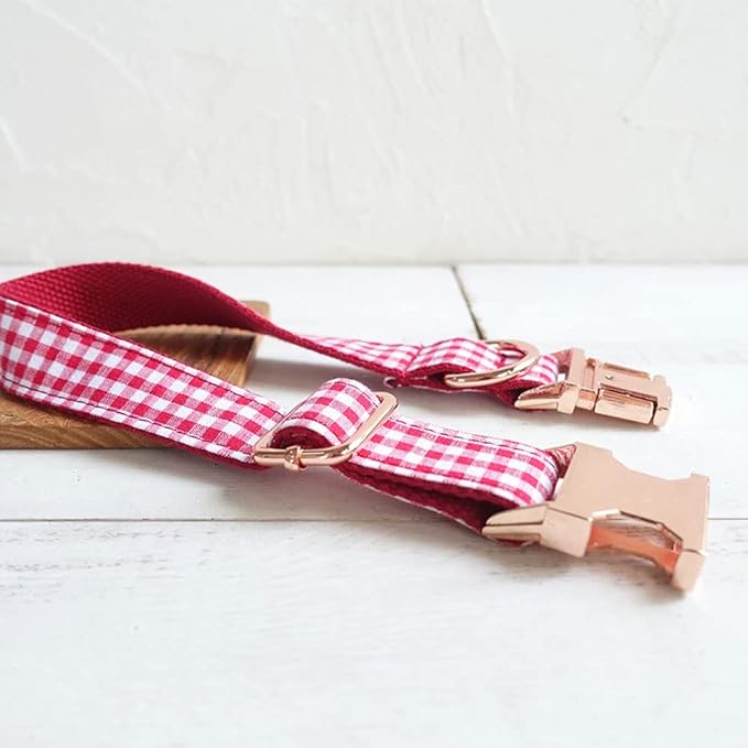PETDURO Personalized Gingham Plaid Dog Collar Red - Engraved Name and Phone Number on Rose Gold Metal Buckle - Custom for Small Medium Large Boy Girl Dogs - Add Leash Bow Tie via Customize Now