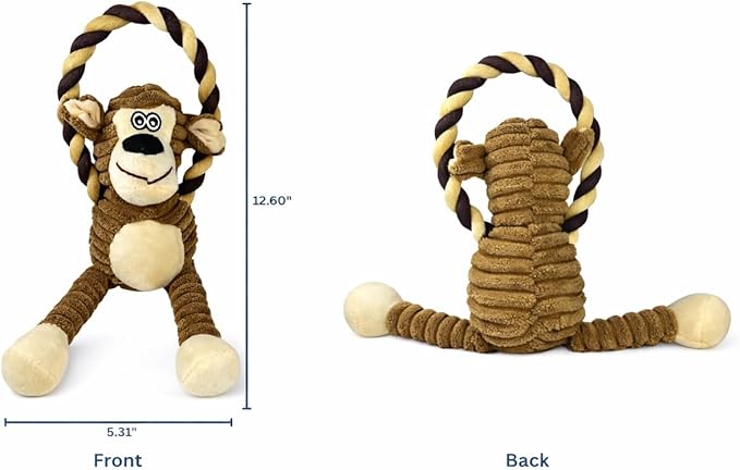 Durable Monkey Dog Toy, Plush Squeaky Stuffed Dog Toy with Rope, Interactive Chew Toy for Teething Puppies and Small, Medium & Large Dogs
