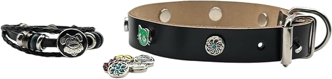 Collar & Cuff Matching Dog Collar and Owner Cuff Set with Snap Charms (L (14.5" - 18.5"), Black (12mm Snaps))
