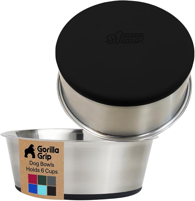 GORILLA GRIP Set of 2 Dog Bowls, Holds 6 Cups (48 fl oz), Heavy Duty Metal Food and Water Bowl for Feeding Dogs and Cats, Dishwasher Safe, Rust Resistant Stainless Steel, BPA Free Rubber Base, Black
