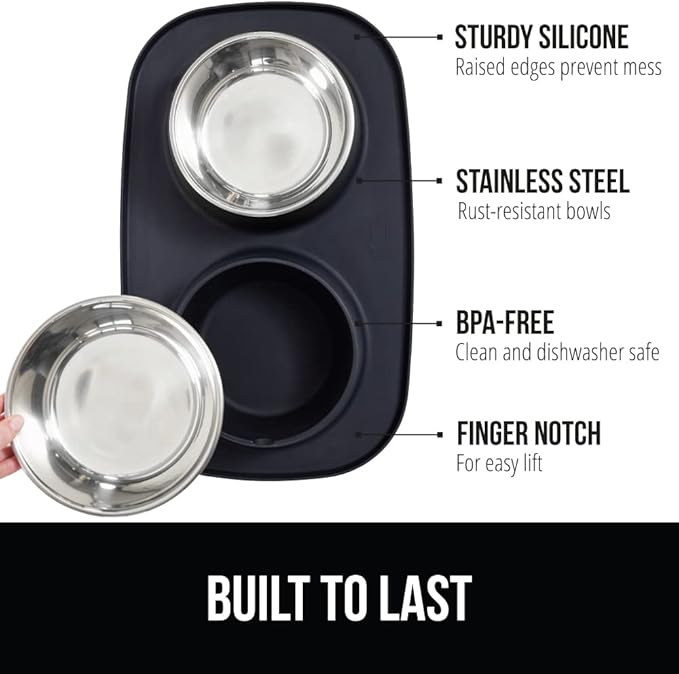GORILLA GRIP Feeding Mat Set, Patent Pending 100% Waterproof BPA Free Silicone, Stainless Steel Cat and Dog Bowls, Slip Resistant, High Edges Catch Water Food, US Designed Pet Accessories, 2 Cup Black