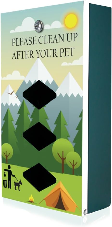 DISPENSE-ART™ collection "Camp" - Custom UV printed design on rust-proof aluminum 7' dog waste station with 400 dog waste roll bags