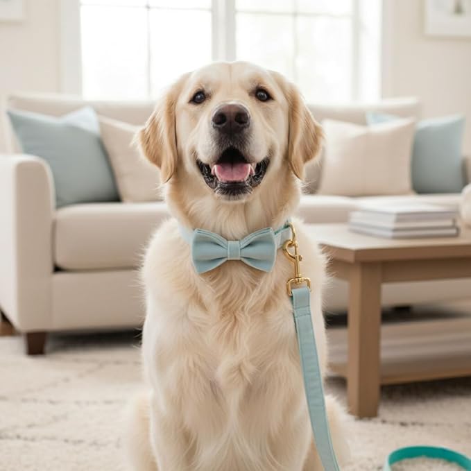 PETDURO Personalized Dog Collar Mint Blue Soft Velvet for Large Medium Small Boy Girl Dogs - Custom Collar with Name Phone Number Engraved on Gold Metal Buckle - Add Leash Bow Set via Customize Now