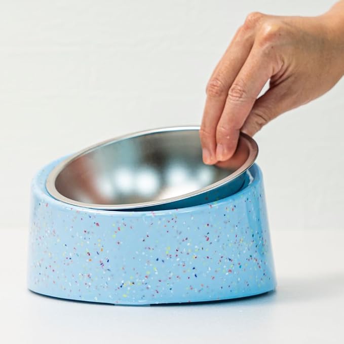 bzyoo 16oz Tilted Dog Bowl for Small Dogs & Cats, 15° Elevated Stainless Steel Pet Feeder, Ergonomic Anti-Vomiting Food Bowl for Frenchie, Pug, Persian Cat, Non-Skid Melamine Stand, Sprinkle (Blue)