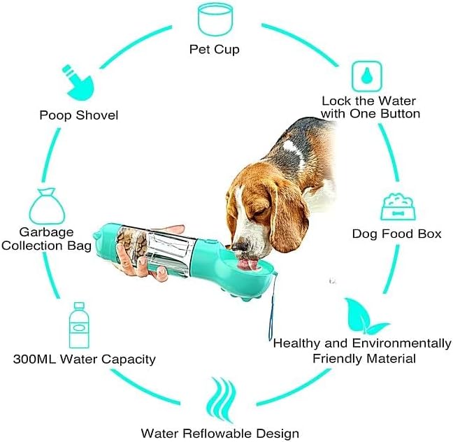 Dog Water Bottle Cup Bag - Portable Dispenser Bottles and Bowl Food for Dogs - Travel Container Pet - Small Dog Poop Bags Roll - 4 in 1-8 Rolls Puppy Poop Bags