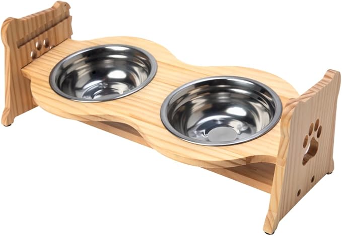 Creative Hobbies Raised Pet Bowls for Cats and Dogs - Bamboo Adjustable Elevated Stand with 2 Stainless Steel Bowls | Anti-Slip Grip, 4 Inches Tall