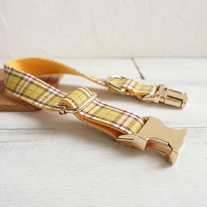 PETDURO Personalized Plaid Dog Collar Lemon Yellow - Engraved Name and Phone Number on Gold Metal Buckle - Custom for Small Medium Large Boy Girl Dogs - Add Leash Bow Tie via Customize Now
