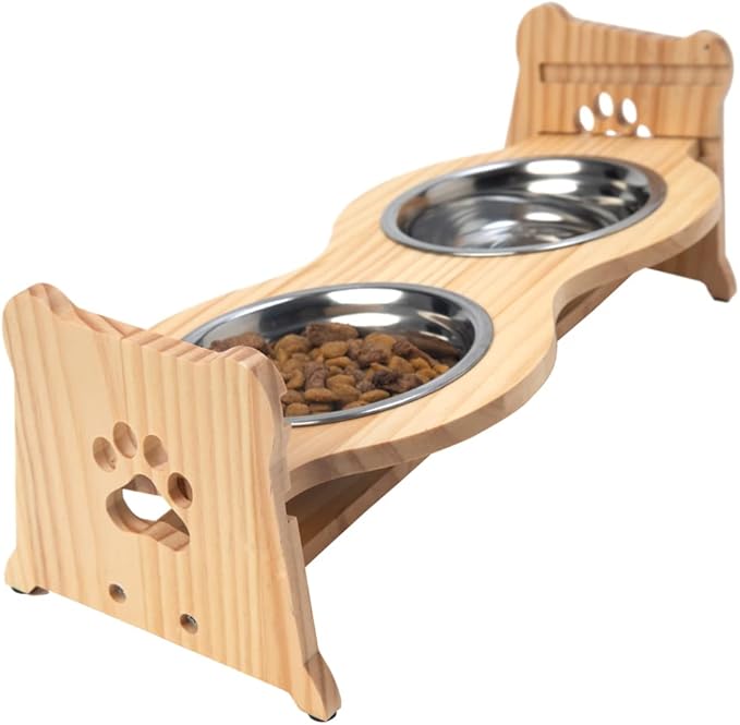Creative Hobbies Raised Pet Bowls for Cats and Dogs - Bamboo Adjustable Elevated Stand with 2 Stainless Steel Bowls | Anti-Slip Grip, 4 Inches Tall