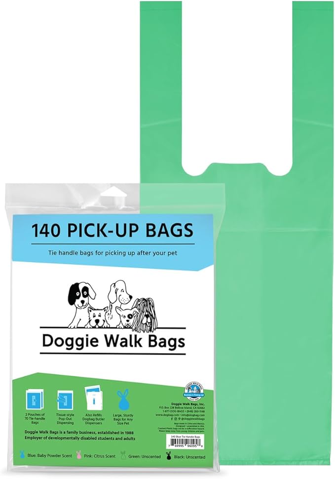 Dog Waste Bags with Easy Tie Handles, Extra Thick and Strong Poop Bags for Dogs, Easy Dispensing and Leak Proof, 140 Doggy Bags, 7 x 5 x 17 Inches with Gusseted Sides,Green