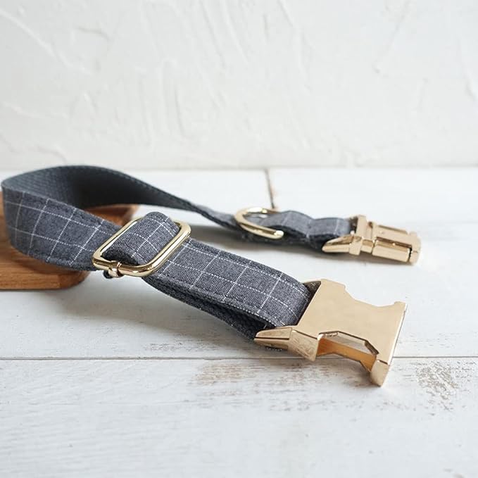 PETDURO Personalized Windowpane Plaid Dog Collar Gray - Engraved Name and Phone Number on Gold Metal Buckle - Custom for Small Medium Large Boy Girl Dogs - Add Leash Bow Tie via Customize Now