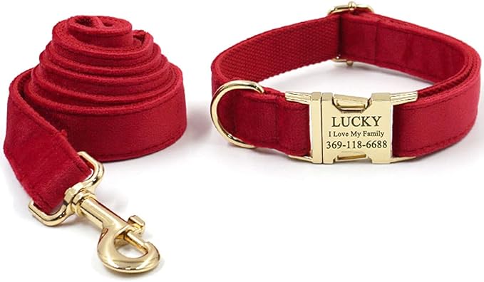PETDURO Custom Dog Collar Personalized with Name Engraved Quick Release Rose Gold Metal Buckle for Large Medium Small Girl Dogs - Dog Leash and Bow Tie Available - Soft Comfy Velvet (Red, S)