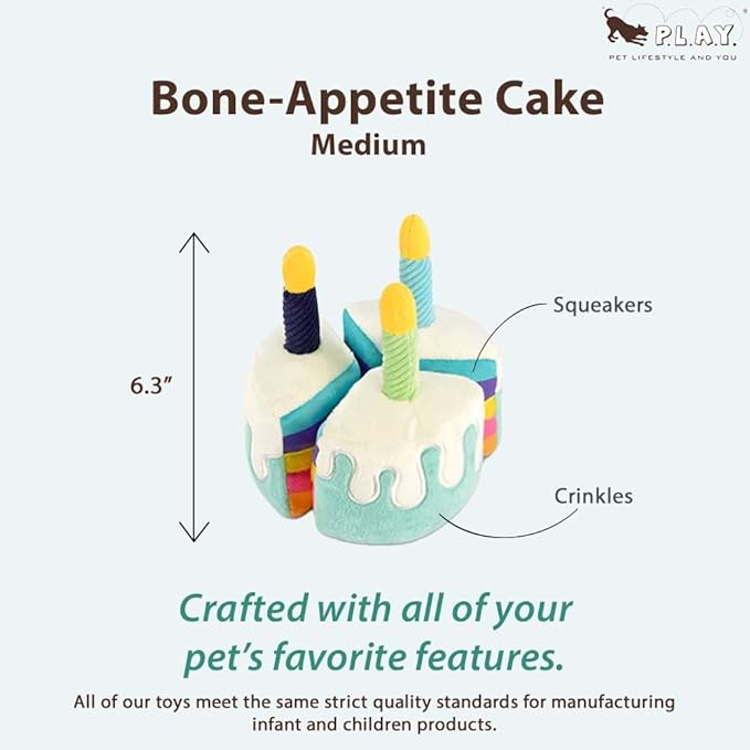 P.L.A.Y. Cute Plush Dog Toys - Birthday Party Celebration Themed Durable Squeaker Chew Toy, for Puppies & Small, Medium, Large Dogs - Machine Washable, Recycled Material (Bone-appetite Cake, Medium)