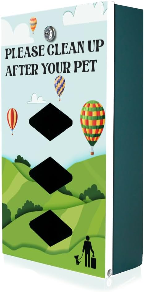 DISPENSE-ART™ collection "Hot Air Balloon" - Custom UV printed design on rust-proof aluminum 7' dog waste station with 400 dog waste roll bags
