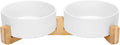SPUNKYJUNKY Ceramic Dog and Cat Bowl Set with Wooden Stand, Modern Cute Weighted Food Water Bowl Set for Medium to Large Size Dogs (42 OZ, 2 × White)