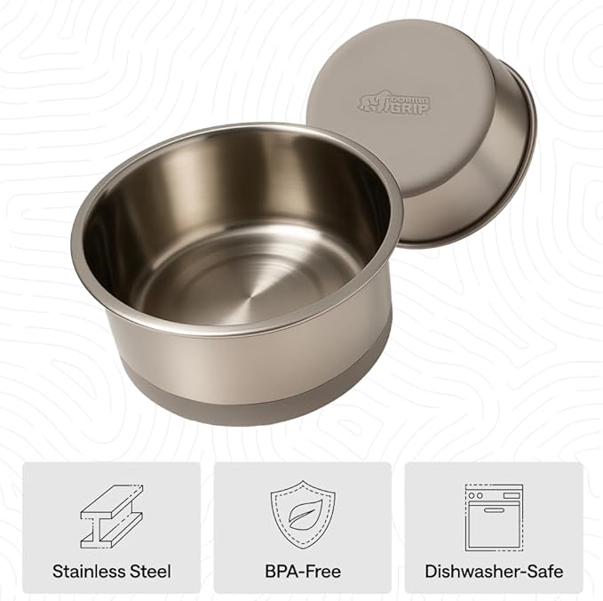 GORILLA GRIP Dog Bowls, Holds 2 Cups Each (16 fl oz), Heavy Duty Stainless Steel Food and Water Bowl for Feeding Dogs and Cats, Dishwasher Safe, Rust Resistant, BPA Free Rubber Base, Set of 2 Beige