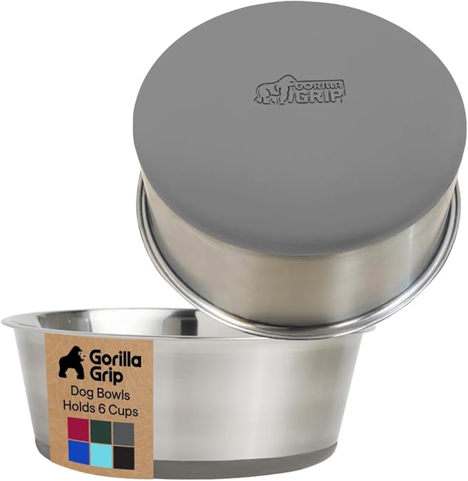 GORILLA GRIP Set of 2 Dog Bowls, Holds 6 Cups (48 fl oz), Heavy Duty Metal Food and Water Bowl for Feeding Dogs and Cats, Dishwasher Safe, Rust Resistant Stainless Steel, BPA Free Rubber Base, Gray